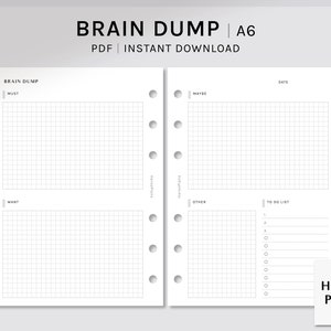 May include: A printable A6 planner page with a grid layout. The page is divided into four sections: "Must", "Want", "Maybe", and "Other". There is also a "To Do List" section with checkboxes. The page is titled "Brain Dump".