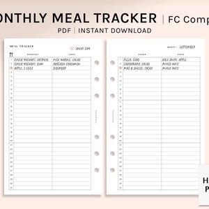 Monthly Meal Tracker | FC Compact Printable Planner Inserts | MO2P Diet ...
