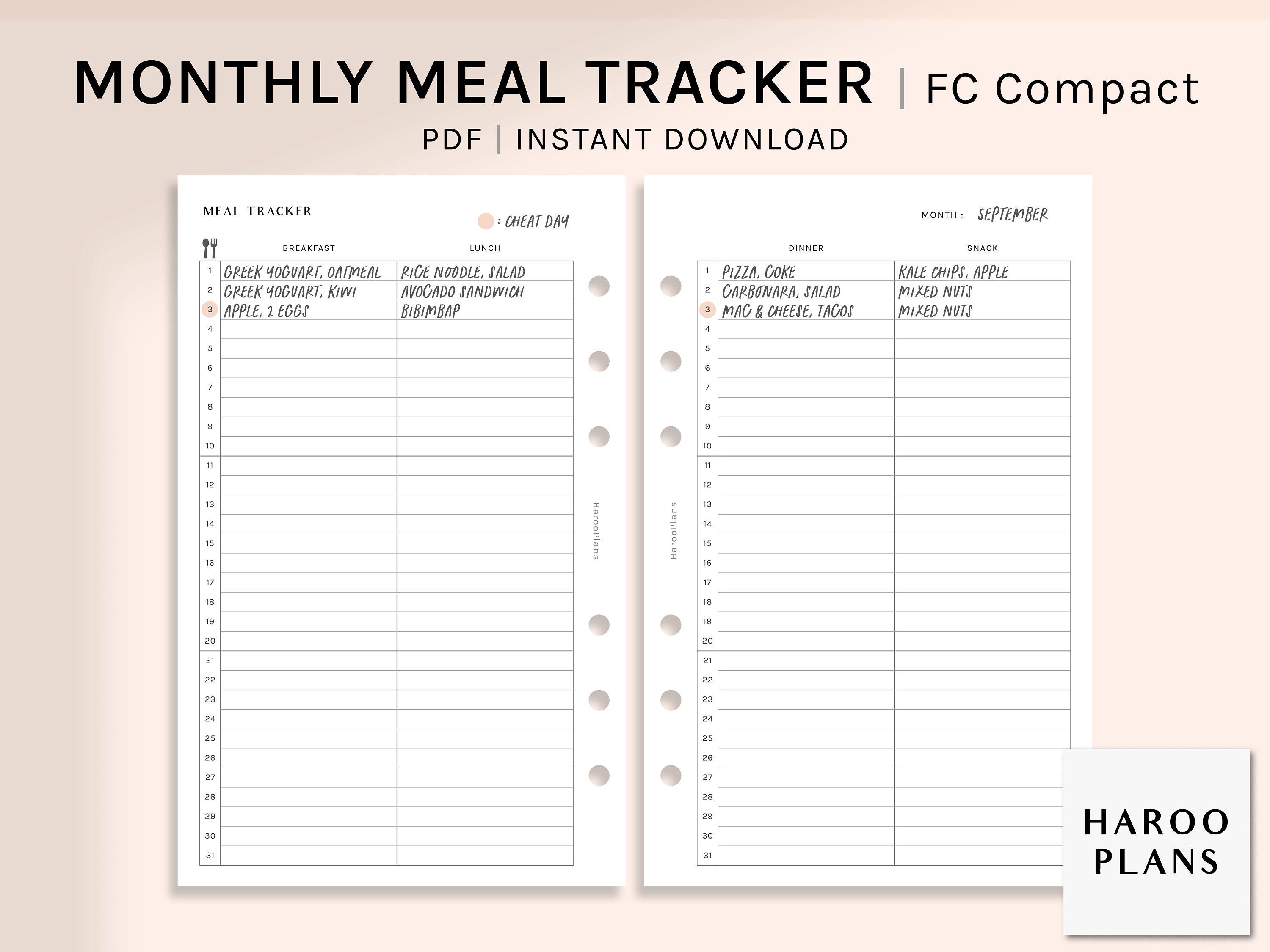 Monthly Meal Tracker | FC Compact Printable Planner Inserts | MO2P Diet ...