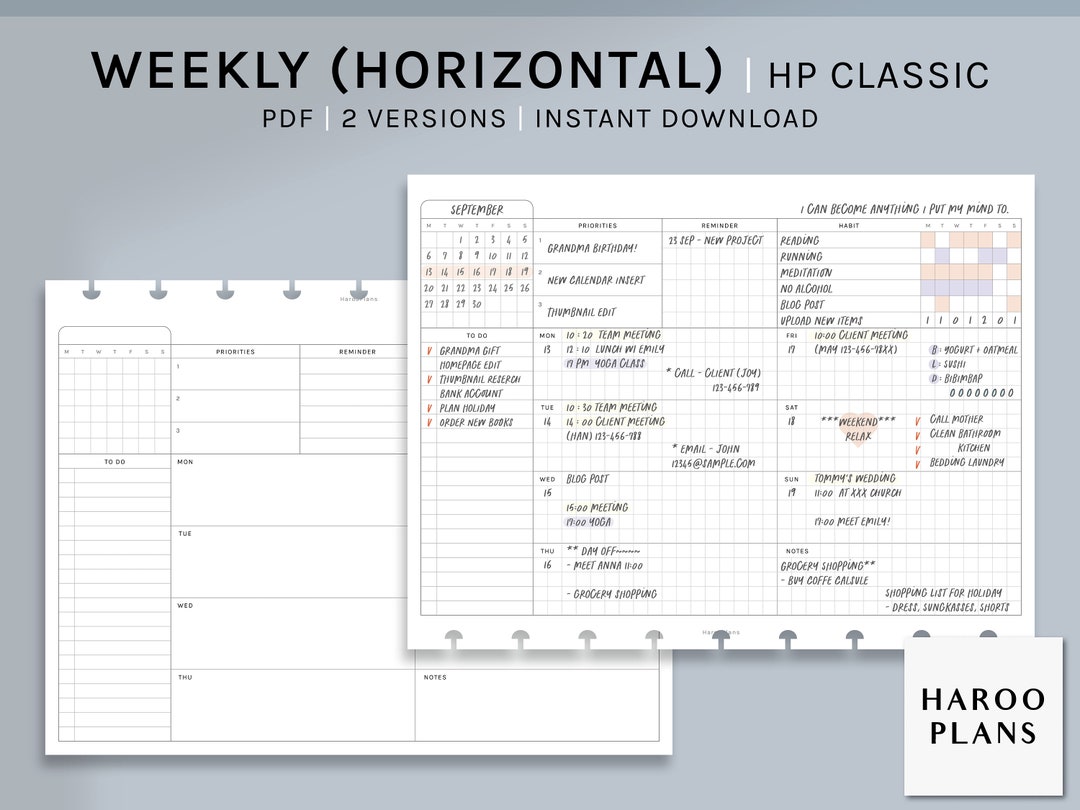 Undated Weekly | HP Classic Printable Happy Planner Inserts | WO1P ...