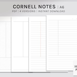 May include: Four different Cornell note-taking templates are displayed, each with a white background and gray lines. The templates include grid, two-column, and lined formats. The text "CORNELL NOTES A6" is at the top, with "PDF | 4 VERSIONS | INSTANT DOWNLOAD" below.