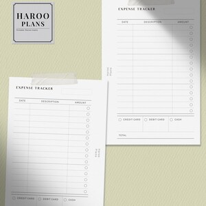 May include: Two printable expense tracker pages with a black and white design. The pages have sections for date, description, amount, and payment method. The pages are labeled "Expense Tracker" and include the text "Haroo Plans".