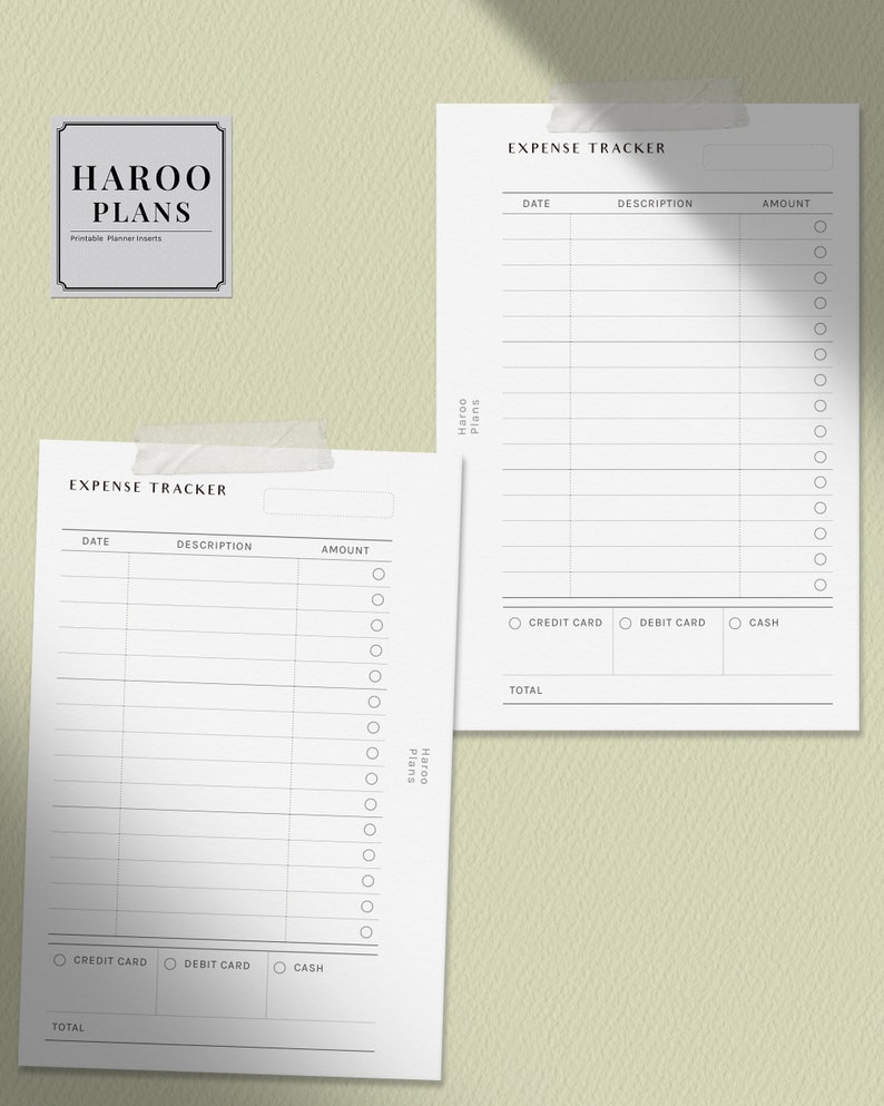 May include: Two printable expense tracker pages with a black and white design. The pages have sections for date, description, amount, and payment method. The pages are labeled "Expense Tracker" and include the text "Haroo Plans".