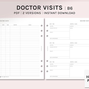 Puede incluir: Registro de visitas al médico imprimible para una agenda de tamaño B6. El registro incluye secciones para la fecha, la hora, el médico, el hospital o la clínica, la razón de la visita, los resultados y la próxima cita.