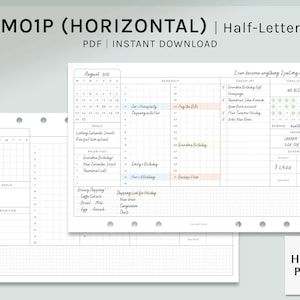 Planificador mensual / Inserciones imprimibles de media carta / Plantilla de descripción general mensual PDF / Diseño horizontal / MES MO1P en uno / Descarga digital