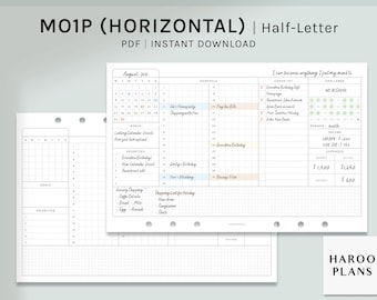 Monthly Planner | Half-Letter Printable Inserts | Monthly Overview Template PDF | Horizontal Layout | MO1P Month on one | Digital Download