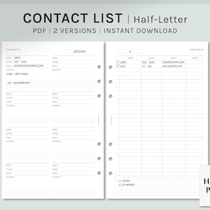 Contact List Sheet | Half-Letter Printable Planner Inserts | Phone Number Email List Template | Address Book Worksheet | Digital Download