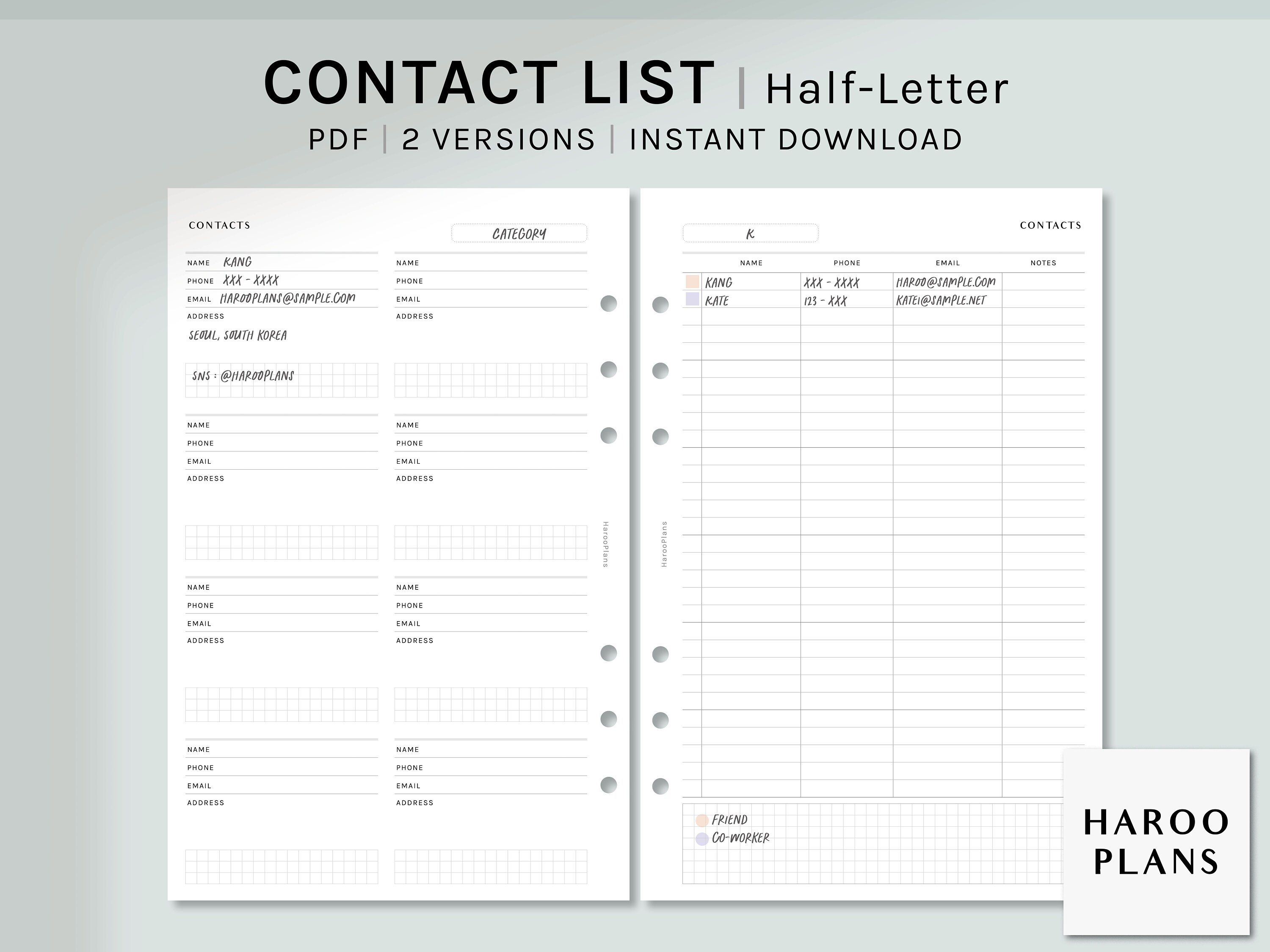 Contact List Sheet Half-letter Printable Planner Inserts - Etsy