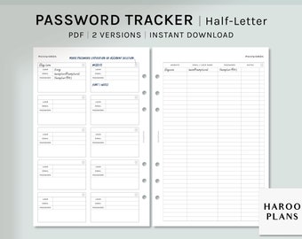 Password Tracker | Half-Letter Printable Planner Inserts | Password Keeper Log Template | Website Login Organizer PDF | Digital Download