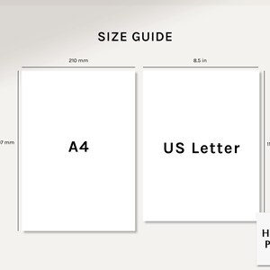 以下が含まれることがあります： A4用紙（210mm x 297mm）とUSレター用紙（8.5インチ x 11インチ）を比較したサイズガイドグラフィック。「A4」と「US Letter」の文字が白い長方形に表示されています。Haroo Plansのロゴが右下にあります。