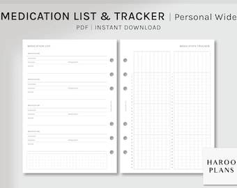 Medication List & Tracker | Personal Wide Printable Planner Inserts | Medicine Information | Pill Supplements Vitamin Intake Log | Digital