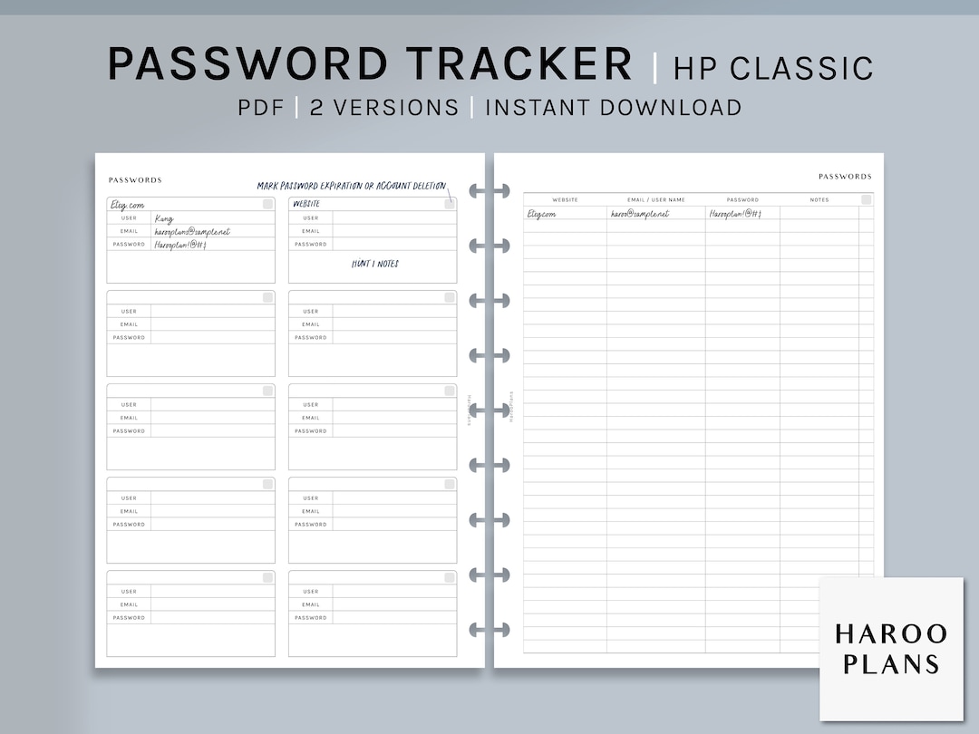 Password Tracker | HP Classic Printable Happy Planner Inserts ...