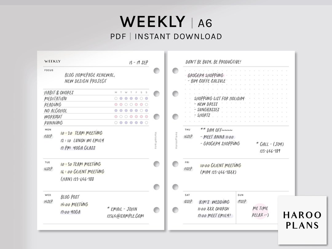 Simple Weekly | A6 Size Printable Planner Inserts | Undated WO2P ...