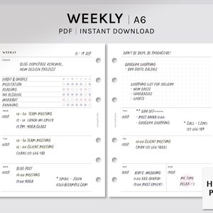 Simple Weekly | A6 Size Printable Planner Inserts | Undated WO2P Tracker Layout Template | Organizer Worksheet PDF | Digital Download