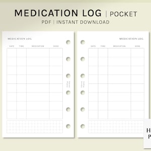 Medication Log | Pocket Printable Planner Inserts | Medicine Tracker | Supplements Pill List | Vitamin Intake Sheet PDF | Digital Download