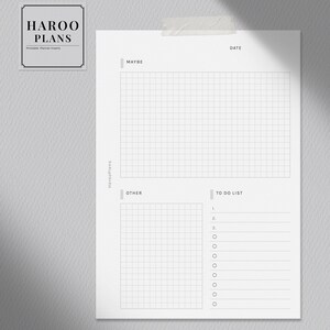 May include: A printable planner insert with a gridded section labeled "Maybe", a gridded section labeled "Other", and a to-do list with checkboxes. The planner insert is labeled "Haroo Plans" and includes the text "Printable Planner Inserts".