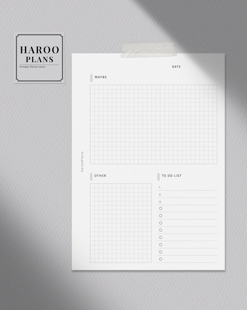 May include: A printable planner insert with a gridded section labeled "Maybe", a gridded section labeled "Other", and a to-do list with checkboxes. The planner insert is labeled "Haroo Plans" and includes the text "Printable Planner Inserts".