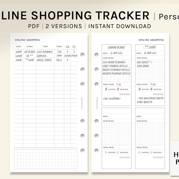 Online Shopping Tracker | Personal Size Druckbare PlanerEinlagen | Bestellliste Vorlage | Tracking Einkaufsblatt PDF | Digitaler Download