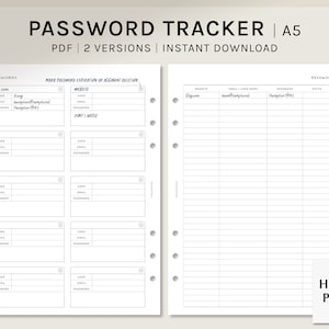 Password Tracker | A5 Printable Planner Inserts | Password Keeper Log Template | Website Login Organizer PDF | Digital Download