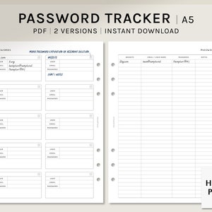 Password Tracker | A5 Printable Planner Inserts | Password Keeper Log Template | Website Login Organizer PDF | Digital Download