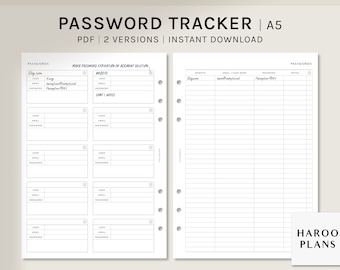 Password Tracker / A5 Printable Planner Inserts / Password Keeper Log Template / Website Login Organizer PDF / Descarga digital