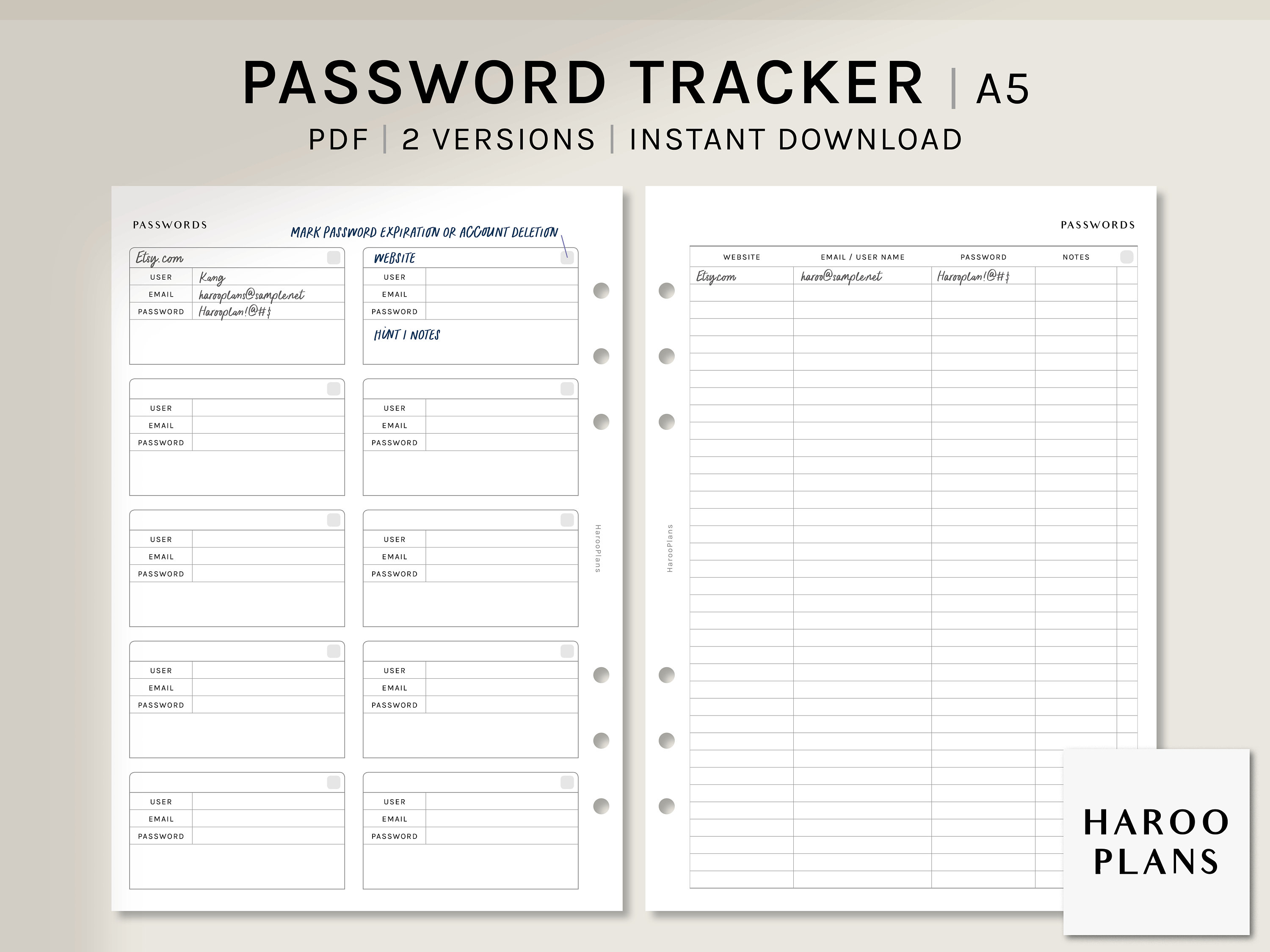 Password Tracker | A5 Printable Planner Inserts | Password Keeper Log ...