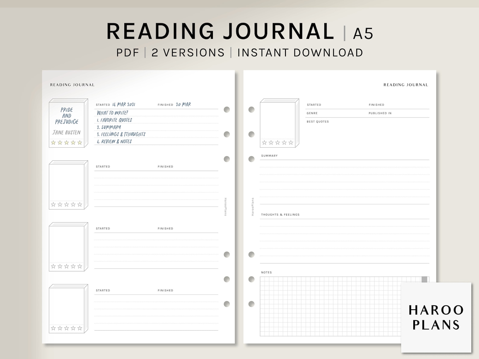 Reading Journal | A5 Printable Planner Inserts | Book Review Log ...