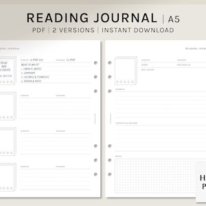 Diario di lettura / Inserti per pianificatore stampabili A5 / Modello di registro di revisione del libro PDF / Fogli di layout di diario di libro semplice / Download digitale