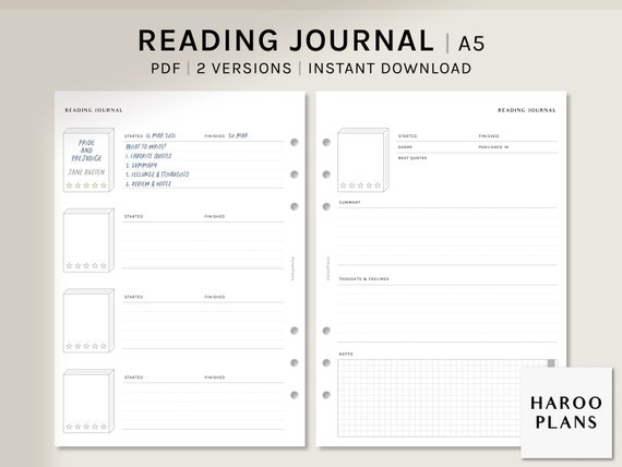 A5 Reading Journal Printable Editable Book Review Template PDF Book Tracker  Log Reading Planner Insert Page Reading Reflection 