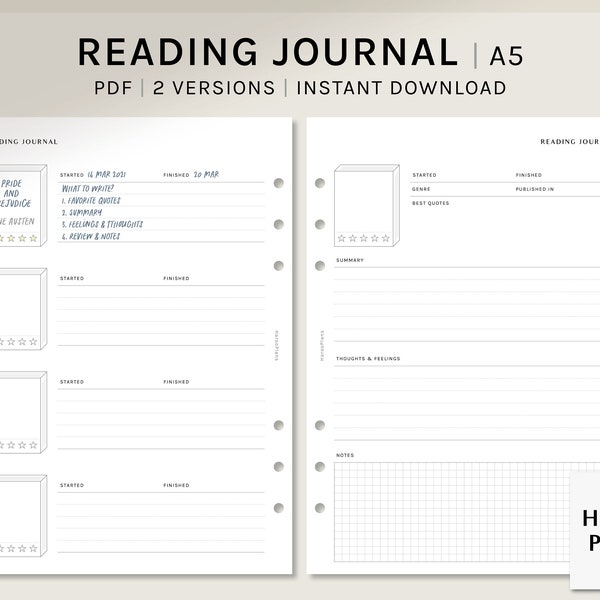 Lesetagebuch | A5 Druckbare Planereinlagen | Buch review Log Vorlage PDF | Einfaches BuchTagebuch Layout Blätter | Digitaler Download