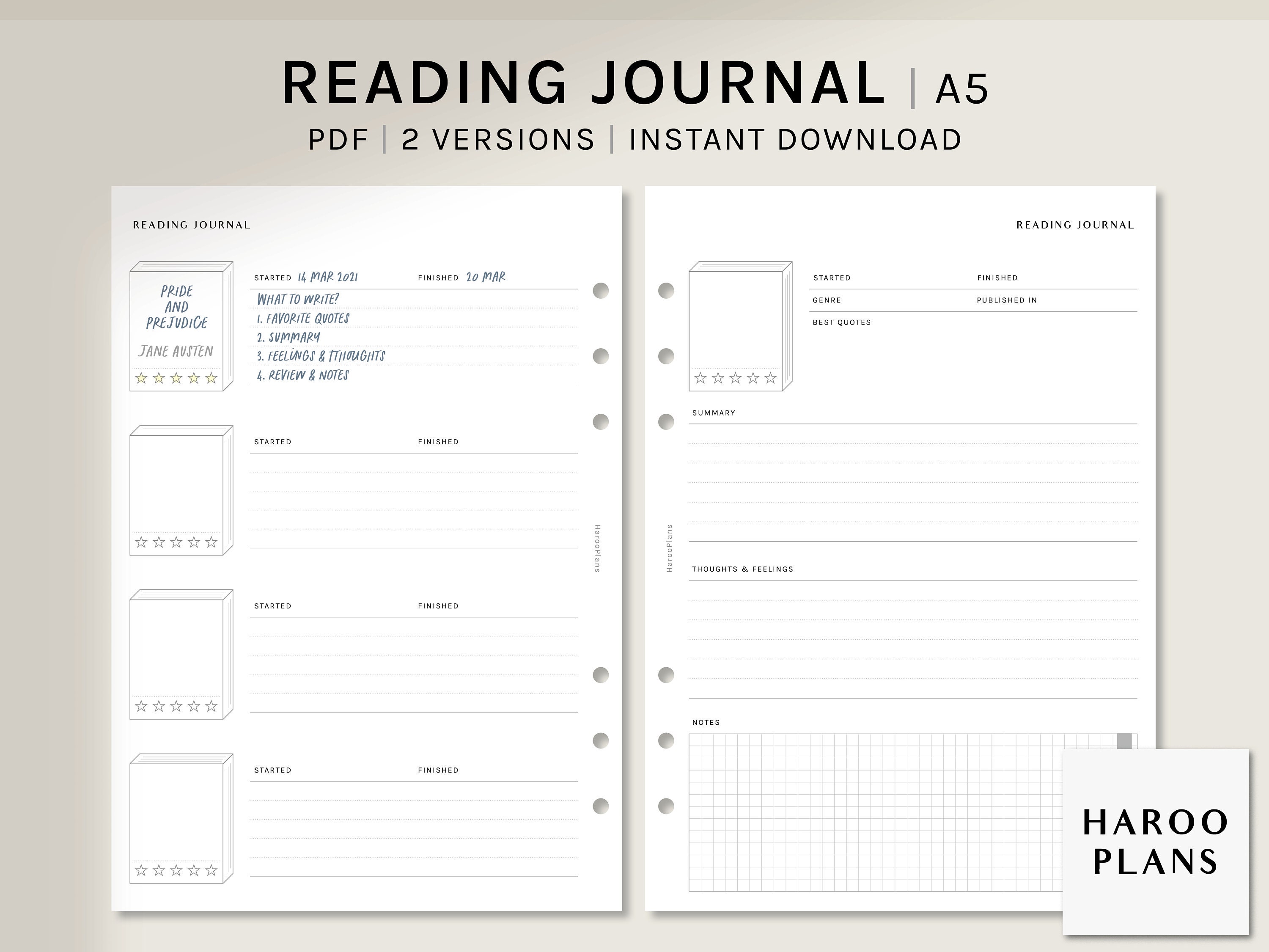 Reading Journal | A5 Printable Planner Inserts | Book Review Log Template PDF | Simple Book Diary Layout Sheets | Digital Download