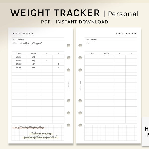 Weight Tracker | Personal Size Printable Planner Inserts | Weight Loss Log | Fitness Journal Template | Diet Organizer | Digital Download