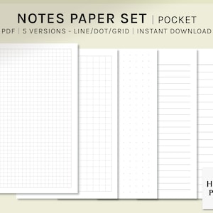 Basic Notes Paper Set Pocket Ring Printable Planner Inserts Study Notes Template Blank Notepad Grid, Dot, Lined Memo Pages image 1