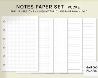 Juego de papel de notas básicas / Anillo de bolsillo / Inserciones de planificador imprimibles / Plantilla de notas de estudio / Bloc de notas en blanco / Cuadrícula, punto, páginas de notas alineadas