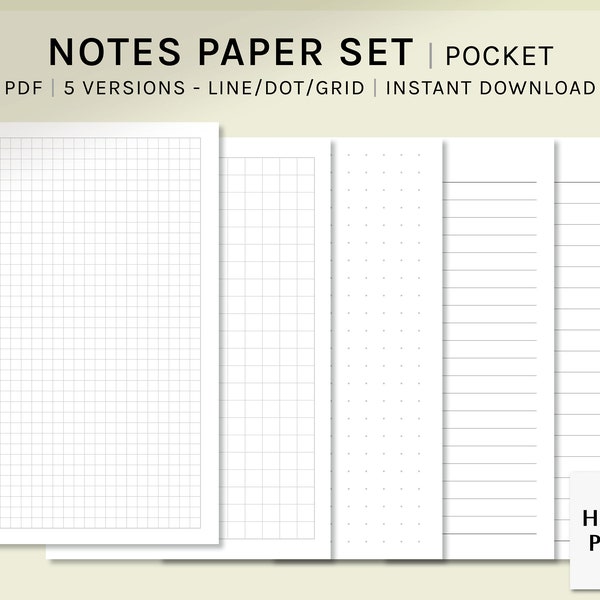 Basic Notes Paper Set | Pocket Ring | Printable Planner Inserts | Study Notes Template | Blank Notepad | Grid, Dot, Lined Memo Pages