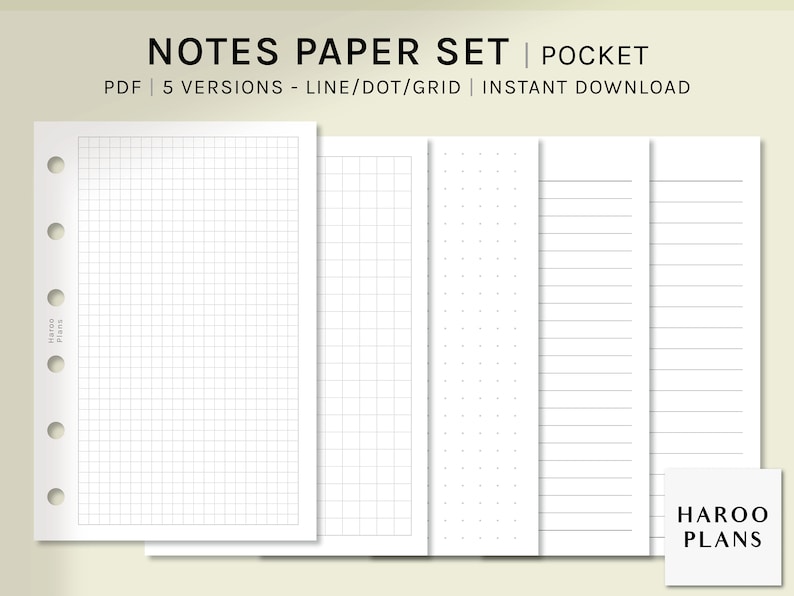 Basic Notes Paper Set Pocket Ring Printable Planner Inserts Study Notes Template Blank Notepad Grid, Dot, Lined Memo Pages image 1