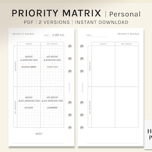 Priority Matrix | Personal Size Printable Planner Inserts | Urgent Important Template | Productivity Organizer Worksheet | Digital Download