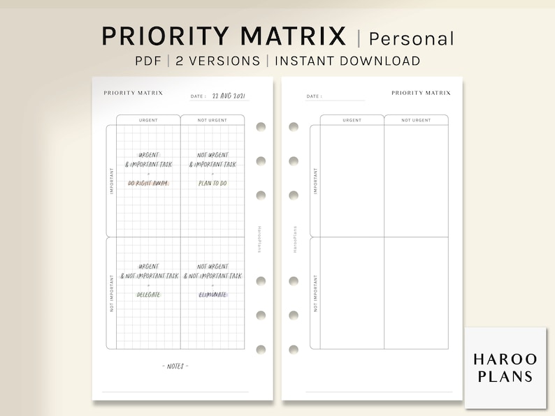 Priority Matrix | Personal Size Printable Planner Inserts | Urgent ...