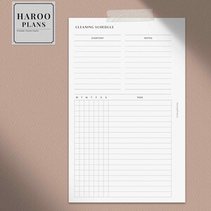 May include: A printable cleaning schedule planner with sections for everyday tasks, notes, and a weekly grid for assigning tasks. The planner is labeled "Cleaning Schedule" and includes the text "Haroo Plans" at the bottom.