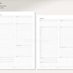 K&ouml;nnte beinhalten: Ein druckbarer Tagesplaner mit einem Rasterlayout. Der Planer enth&auml;lt Abschnitte f&uuml;r "Heute ist", "Fokus", "Zeitplan", "To-Do-Liste", "Anrufe/E-Mails/SMS", "Produktivit&auml;t", "Notizen" und "Morgen".