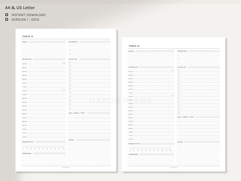 K&ouml;nnte beinhalten: Ein druckbarer Tagesplaner mit einem Rasterlayout. Der Planer enth&auml;lt Abschnitte f&uuml;r "Heute ist", "Fokus", "Zeitplan", "To-Do-Liste", "Anrufe/E-Mails/SMS", "Produktivit&auml;t", "Notizen" und "Morgen".