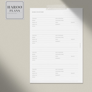 May include: A printable home inventory checklist with sections for location, brand, model number, serial number, date purchased, purchased from, price, warranty, and notes.