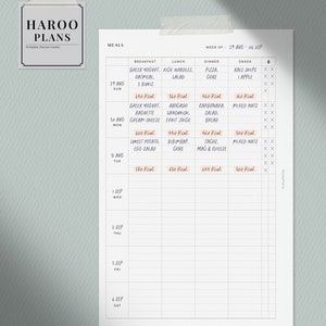 May include: A weekly meal planner with a grid layout for tracking meals and snacks. The planner includes columns for breakfast, lunch, dinner, and snack, with space to write in the meal and the calorie count. The planner is for the week of August 29th to September 4th.