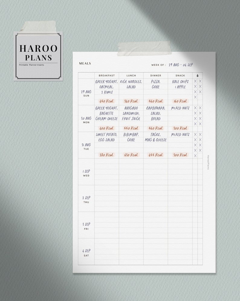 May include: A weekly meal planner with a grid layout for tracking meals and snacks. The planner includes columns for breakfast, lunch, dinner, and snack, with space to write in the meal and the calorie count. The planner is for the week of August 29th to September 4th.