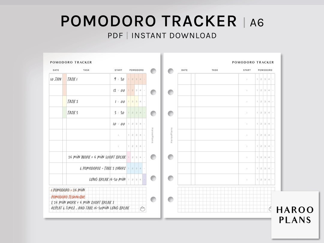 Pomodoro Tracker | A6 Printable Planner Inserts | Time Management ...