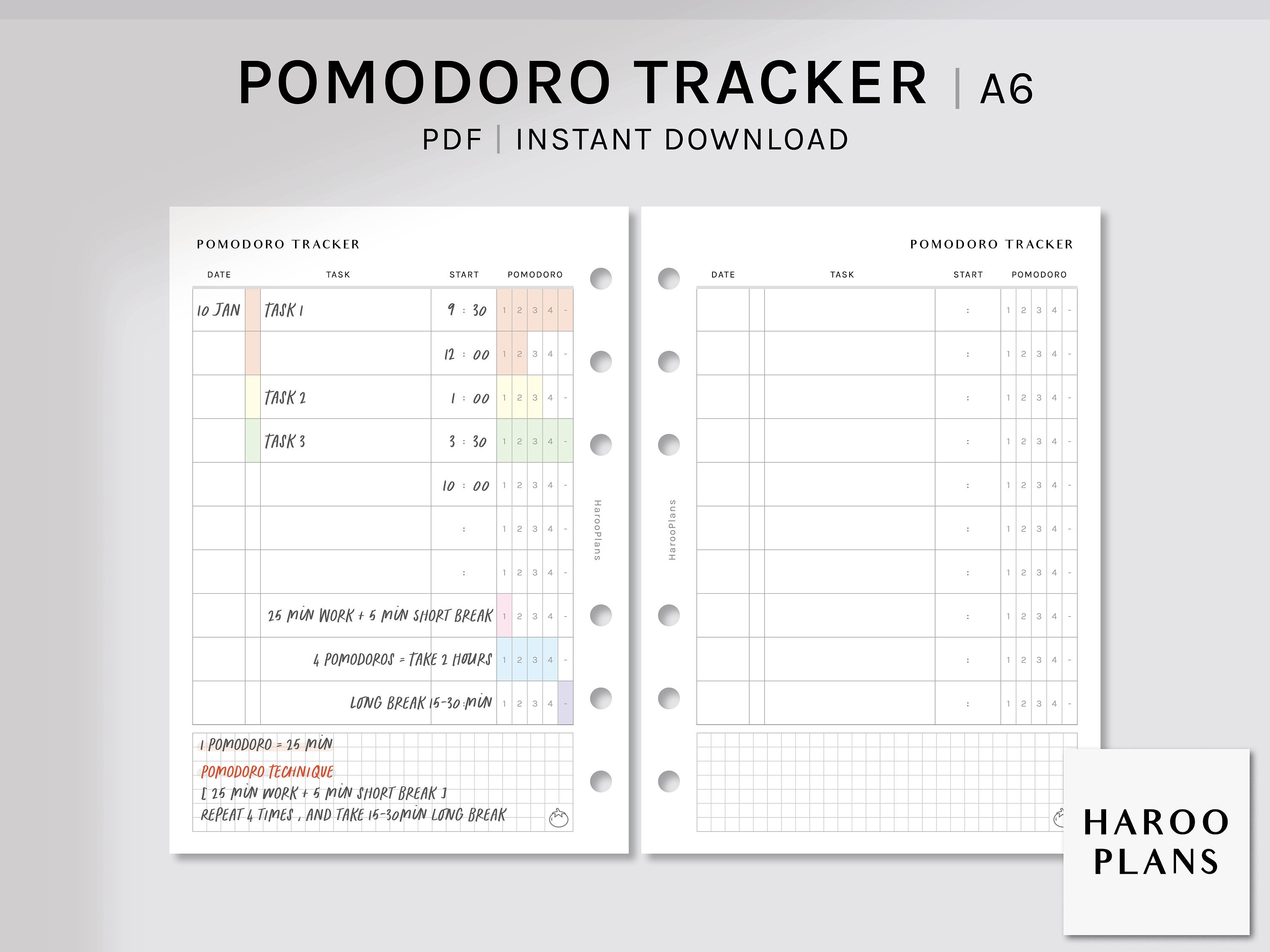 Pomodoro Tracker | A6 Printable Planner Inserts | Time Management ...