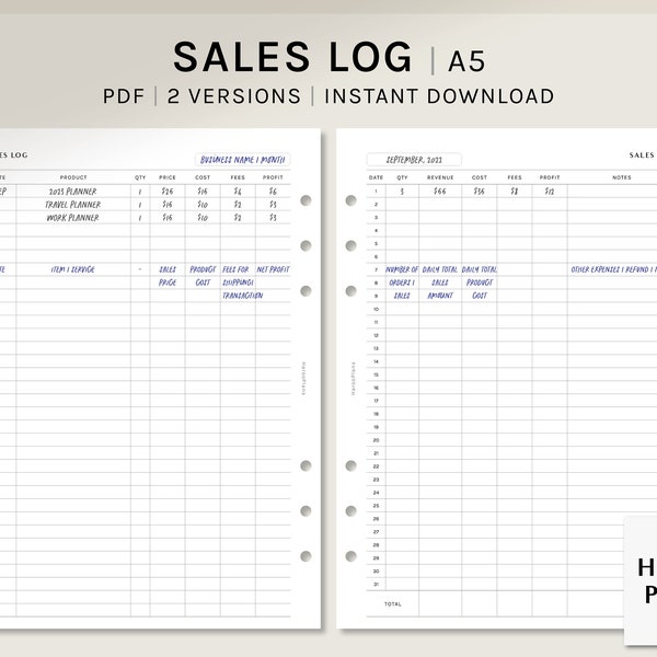 Journal des ventes | A5 Inserts de planificateur imprimable | Suivi des commandes | Aperçu mensuel des bénéfices de vente PDF | pour les petites entreprises en ligne | Téléchargement numérique