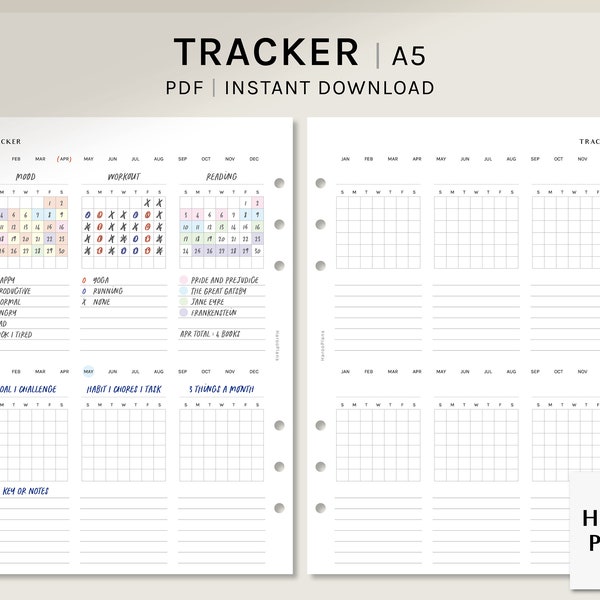 Rastreador mensual / Inserciones del planificador imprimible A5 / Registro de tareas / Plantilla de calendario de objetivos en blanco / Desafío de hábitos PDF / Descarga digital