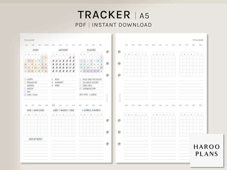 May include: A printable A5 tracker with monthly calendar grids for mood, workouts, reading, goals, habits, and a monthly change tracker. The tracker is designed for use with a disc bound planner.