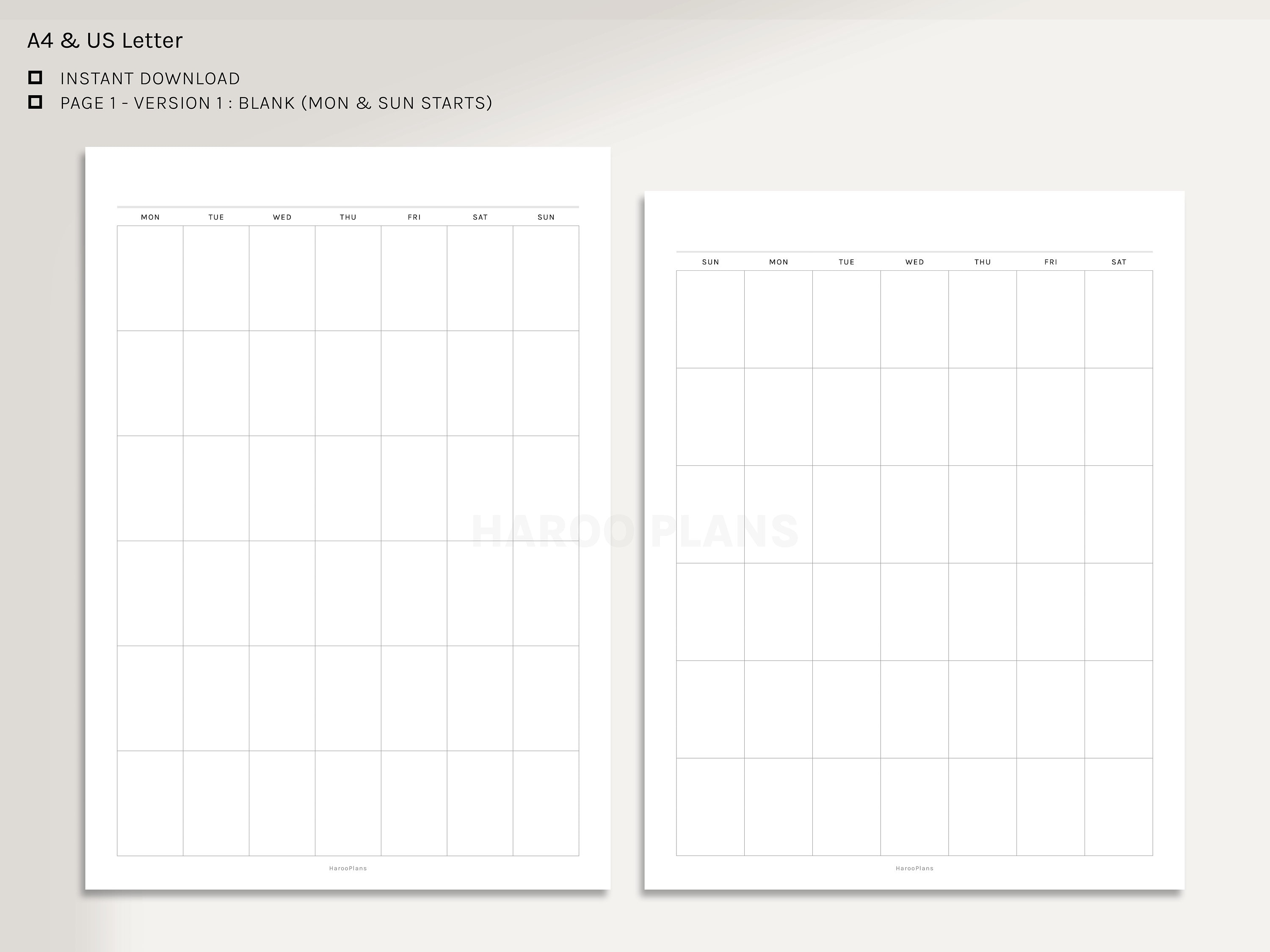 Undated Monthly Calendar | A4, US Letter Printable Planner Inserts ...